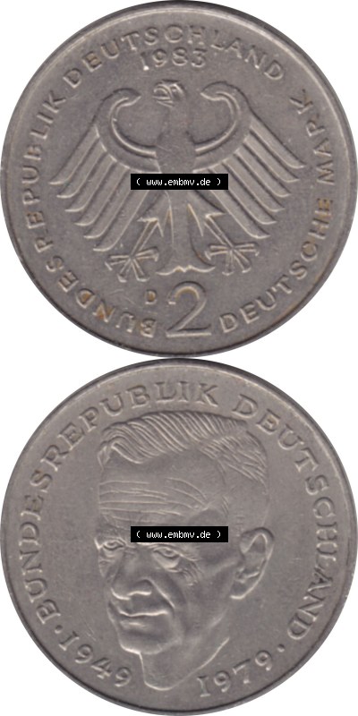 1979-1993, 2 DM, Deutsche Mark Kurt Schumacher 1983 D Sammlung