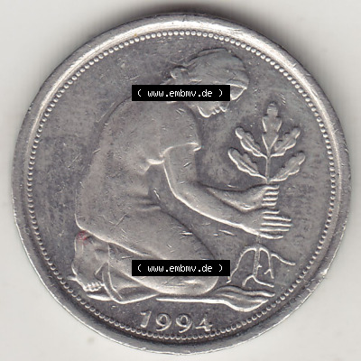 BRD Münzen 50 Pf. Umlaufmünze 1950-2001, 50 Pfennig 1994 F-1. Vorderseite der digitalisierte 50 Pfennig F, mit Mzz. F für Stuttgart... Sammlung