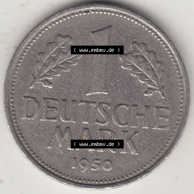 BRD Münzen 1 Deutsche Mark, Umlaufmünze 1950-2001, 1 DM Deutsche Mark, 1950 G-2. Münzen-Rückseite mit Nennwert / Nominalwert... Sammlung