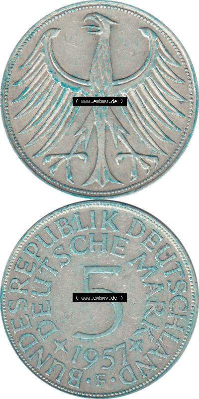 BRD Münzen Silbermünze '1951-1974, 5 DM aus Deutschland, 5 Deutsche Mark Silberadler, Heiermann 1957 F-2. Vorderseite und Rückseite... Sammlung