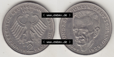 2 DM, Deutsche Mark Kurt Schumacher 1982 G-1 Sammlung