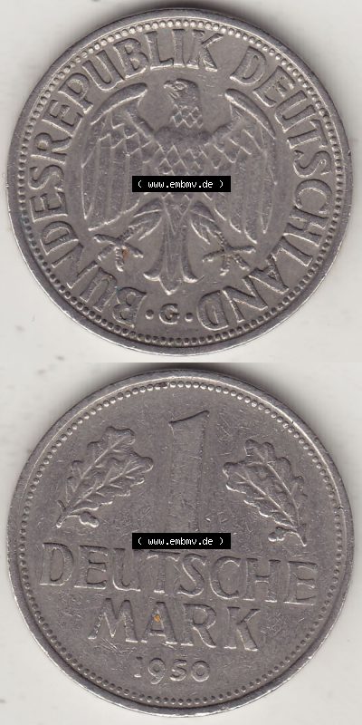 BRD Münzen 1 Deutsche Mark, Umlaufmünze 1950-2001, 1 DM Deutsche Mark, 1950 G-2. Münzen-Rückseite und Münzen-Vorderseite... Sammlung