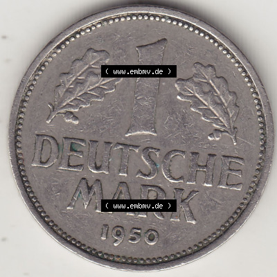 BRD Münzen 1 Deutsche Mark, Umlaufmünze 1950-2001, 1 DM Deutsche Mark, 1950 J-6. Münzen-Rückseite mit Nennwert / Nominalwert... Sammlung