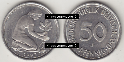 BRD Münzen 50 Pf. Umlaufmünze 1950-2001, 50 Pfennig 1992 J-1. Vorderseite und Rückseite mit Wert-Zahl auf einen Bild / Foto... Sammlung