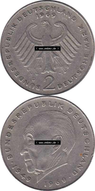 2 DM, Deutsche Mark Münze mit Konrad Adenauer aus Deutschland 1969 D Sammlung