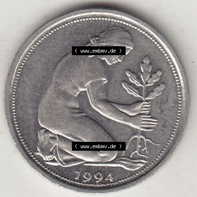 BRD Münzen 50 Pf. Umlaufmünze 1950-2001, 50 Pfennig 1994 G-1. Vorderseite der digitalisierte 50 Pfennig G, mit Mzz. G für Münzstätte... Sammlung