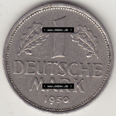 BRD Münzen 1 Deutsche Mark, Umlaufmünze 1950-2001, 1 DM Deutsche Mark, 1950 J-5. Münzen-Rückseite mit Nennwert / Nominalwert... Sammlung