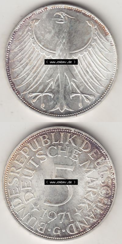 BRD Münzen Silbermünze 1951-1974, 5 DM, 5 Deutsche Mark Silberadler, Heiermann 1971 Münzzeichen / Mzz. "G" für Karlsruhe'... Sammlung