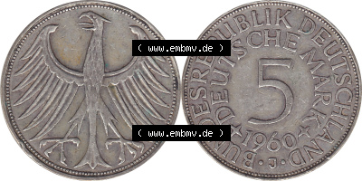 1951-1974, 5 DM aus Deutschland, 5 Deutsche Mark Silberadler, Heiermann 1960 Münzzeichen / Mzz. "J" für Hamburg Sammlung