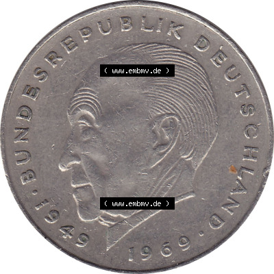 2 DM, Deutsche Mark Münze mit Konrad Adenauer aus Deutschland 1969 D Sammlung