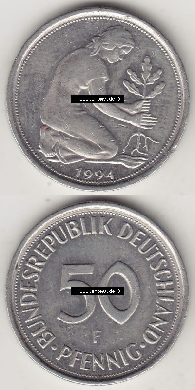 BRD Münzen 50 Pf. Umlaufmünze 1950-2001, 50 Pfennig 1994 F-1. Vorderseite und Rückseite auf einen Bild / Foto vertikal untereinander... Sammlung
