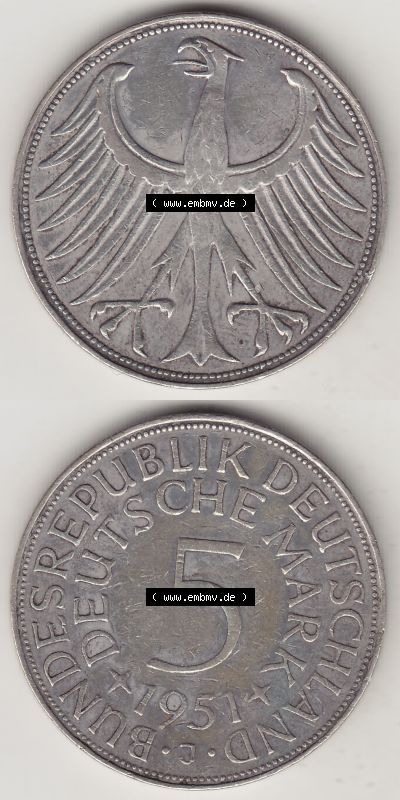 BRD Münzen Silbermünze 1951-1974, 5 DM, 5 Deutsche Mark Silberadler, Heiermann 1951 J-1. Vorderseite und Rückseite vom 5 DM... Sammlung