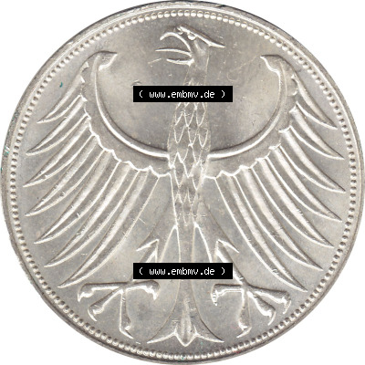 1951-1974, 5 DM aus Deutschland, 5 Deutsche Mark Silberadler, Heiermann 1970 Münzzeichen / Mzz. "D" für München Sammlung