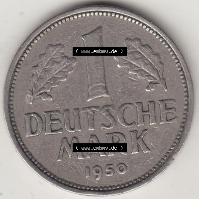 BRD Münzen 1 Deutsche Mark, Umlaufmünze 1950-2001, 1 DM Deutsche Mark, 1950 F-5. Münzen-Rückseite mit Nennwert / Nominalwert... Sammlung