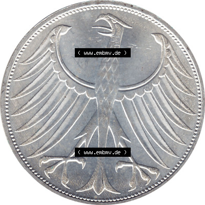 1951-1974, 5 DM aus Deutschland, 5 Deutsche Mark Silberadler, Heiermann 1974 Münzzeichen / Mzz. "J" für Hamburg Sammlung