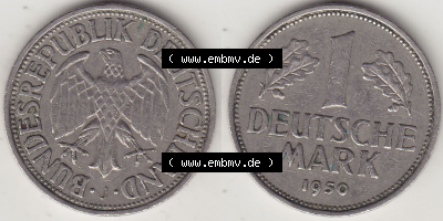 BRD Münzen 1 Deutsche Mark, Umlaufmünze 1950-2001, 1 DM Deutsche Mark, 1950 J-6. Münzen-Rückseite und Münzen-Vorderseite... Sammlung