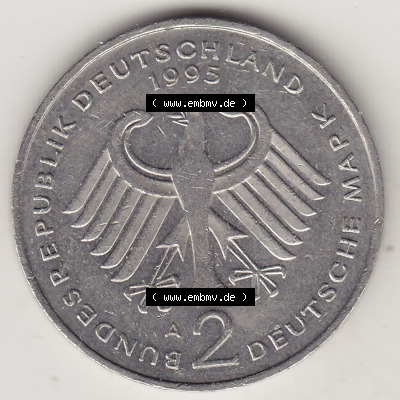 BRD Münzen 2 DM, Gedenkmünze 1991-2001, 2 DM, Deutsche Mark Franz Josef Strauß 1995 A-1. Vorderseite einer 2 DM, 2 Deutsche... Sammlung