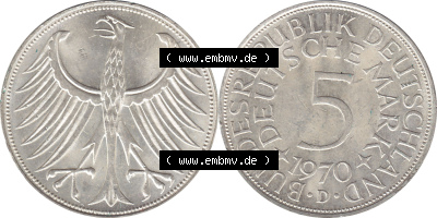 1951-1974, 5 DM aus Deutschland, 5 Deutsche Mark Silberadler, Heiermann 1970 Münzzeichen / Mzz. "D" für München Sammlung