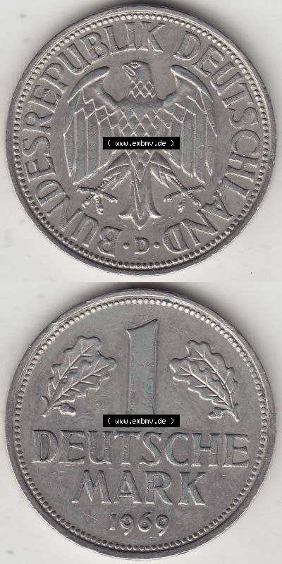 BRD Münzen 1 Deutsche Mark, Umlaufmünze 1950-2001, 1 DM Deutsche Mark, 1969 D-1. Münzen-Rückseite und Münzen-Vorderseite... Sammlung