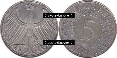 1951-1974, 5 DM aus Deutschland, 5 Deutsche Mark Silberadler, Heiermann 1951 Münzzeichen / Mzz. "J" für Hamburg Sammlung