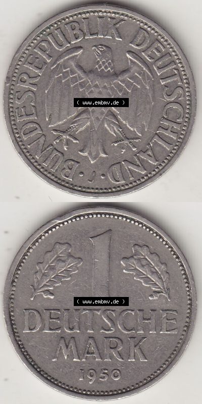 BRD Münzen 1 Deutsche Mark, Umlaufmünze 1950-2001, 1 DM Deutsche Mark, 1950 J-4. Münzen-Rückseite und Münzen-Vorderseite... Sammlung
