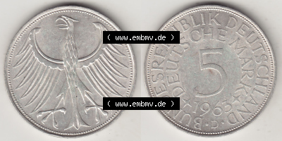 BRD Münzen Silbermünze 1951-1974, 5 DM, 5 Deutsche Mark Silberadler, Heiermann 1963 Münzzeichen / Mzz. "D" für München -... Sammlung