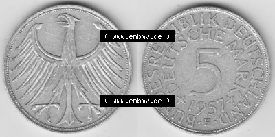 BRD Münzen Silbermünze 1951-1974, 5 DM, 5 Deutsche Mark Silberadler, Heiermann 1957 Münzzeichen / Mzz. "F" für Stuttgart -... Sammlung