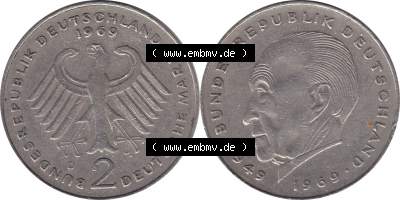 2 DM, Deutsche Mark Münze mit Konrad Adenauer aus Deutschland 1969 D Sammlung
