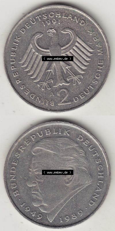 BRD Münzen 2 DM, Gedenkmünze 1991-2001, 2 DM, Deutsche Mark Franz Josef Strauß 1991 A-1. Vorderseite und Rückseite einer Münze... Sammlung