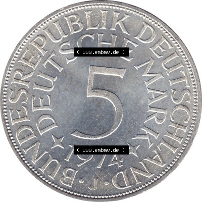 1951-1974, 5 DM aus Deutschland, 5 Deutsche Mark Silberadler, Heiermann 1974 Münzzeichen / Mzz. "J" für Hamburg Sammlung