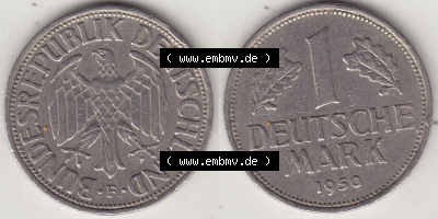 BRD Münzen 1 Deutsche Mark, Umlaufmünze 1950-2001, 1 DM Deutsche Mark, 1950 F-2. Münzen-Rückseite und Münzen-Vorderseite... Sammlung