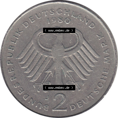 2 DM, Deutsche Mark Münze mit Konrad Adenauer aus Deutschland 1980 J Sammlung