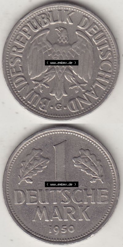 BRD Münzen 1 Deutsche Mark, Umlaufmünze 1950-2001, 1 DM Deutsche Mark, 1950 G-1. Münzen-Rückseite und Münzen-Vorderseite... Sammlung