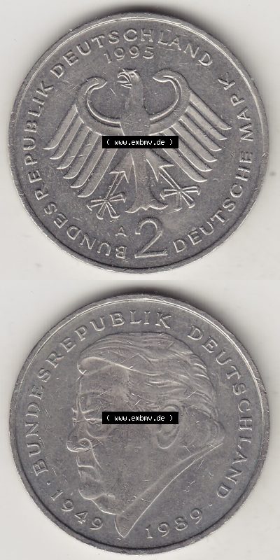 BRD Münzen 2 DM, Gedenkmünze 1991-2001, 2 DM, Deutsche Mark Franz Josef Strauß 1995 A-1. Vorderseite und Rückseite einer Münze... Sammlung