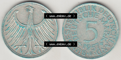 BRD Münzen Silbermünze 1951-1974, 5 DM, 5 Deutsche Mark Silberadler, Heiermann 1957 Münzzeichen / Mzz. "F" für Stuttgart -... Sammlung
