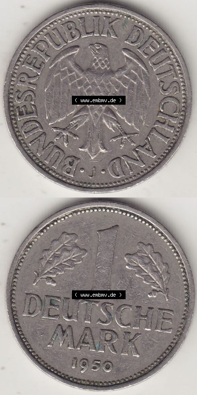 BRD Münzen 1 Deutsche Mark, Umlaufmünze 1950-2001, 1 DM Deutsche Mark, 1950 J-6. Münzen-Rückseite und Münzen-Vorderseite... Sammlung