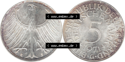 1951-1974, 5 DM aus Deutschland, 5 Deutsche Mark Silberadler, Heiermann 1971 Münzzeichen / Mzz. "G" für Karlsruhe Sammlung