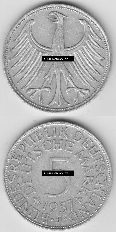 BRD Münzen Silbermünze 1951-1974, 5 DM, 5 Deutsche Mark Silberadler, Heiermann 1957 Münzzeichen / Mzz. "F" für Stuttgart -... Sammlung