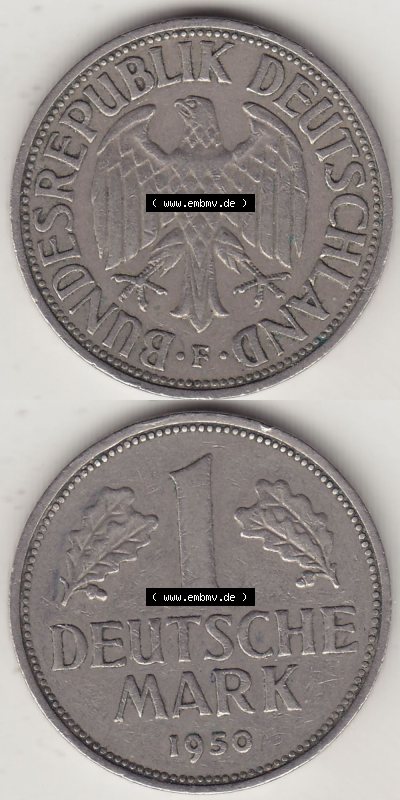 BRD Münzen 1 Deutsche Mark, Umlaufmünze 1950-2001, 1 DM Deutsche Mark, 1950 F-7. Münzen-Rückseite und Münzen-Vorderseite... Sammlung