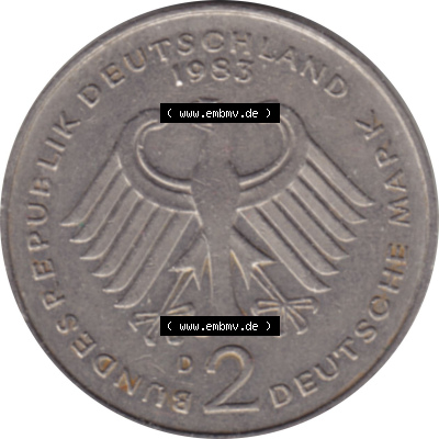 1979-1993, 2 DM, Deutsche Mark Kurt Schumacher 1983 D Sammlung