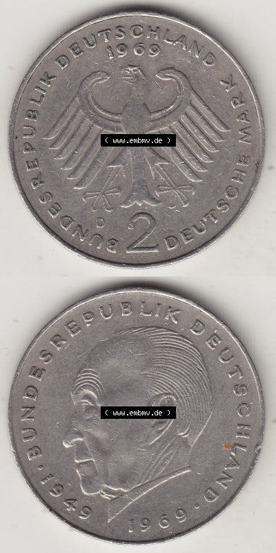 BRD Münzen 2 DM, Gedenkmünze 1969-1987, 2 DM, Deutsche Mark Konrad Adenauer 1969 D-1. Vorderseite und Rückseite einer Münze... Sammlung