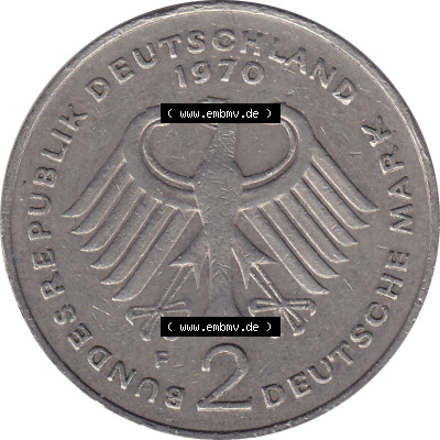 2 DM, Deutsche Mark Münze mit Konrad Adenauer aus Deutschland 1970 F Sammlung