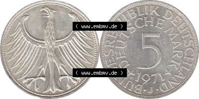 1951-1974, 5 DM aus Deutschland, 5 Deutsche Mark Silberadler, Heiermann 1971 Münzzeichen / Mzz. "J" für Hamburg Sammlung