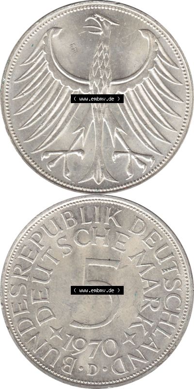 1951-1974, 5 DM aus Deutschland, 5 Deutsche Mark Silberadler, Heiermann 1970 Münzzeichen / Mzz. "D" für München Sammlung