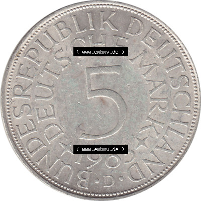 1951-1974, 5 DM aus Deutschland, 5 Deutsche Mark Silberadler, Heiermann 1963 Münzzeichen / Mzz. "D" für München Sammlung