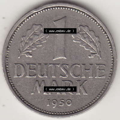 BRD Münzen 1 Deutsche Mark, Umlaufmünze 1950-2001, 1 DM Deutsche Mark, 1950 J-4. Münzen-Rückseite mit Nennwert / Nominalwert... Sammlung