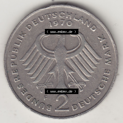BRD Münzen 2 DM, Gedenkmünze 1969-1987, 2 DM, Deutsche Mark Konrad Adenauer 1970 F-1. Vorderseite einer 2 DM, 2 Deutsche Mark... Sammlung