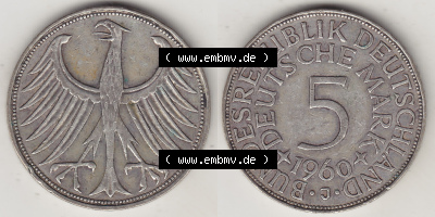 BRD Münzen Silbermünze 1951-1974, 5 DM, 5 Deutsche Mark Silberadler, Heiermann 1960 Münzzeichen / Mzz. "J" für Hamburg - 1.... Sammlung
