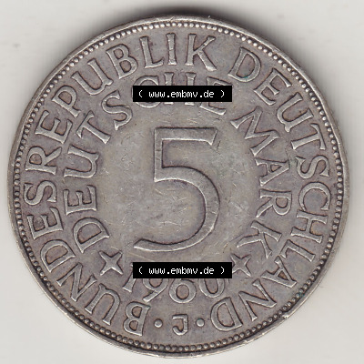 BRD Münzen Silbermünze 1951-1974, 5 DM, 5 Deutsche Mark Silberadler, Heiermann 1960 Münzzeichen / Mzz. "J" für Hamburg - 1.... Sammlung
