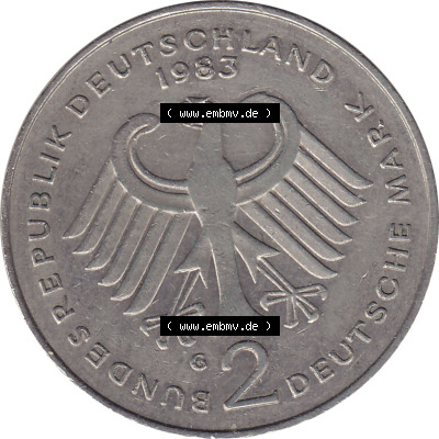 2 DM, Deutsche Mark Münze mit Konrad Adenauer aus Deutschland 1983 G Sammlung